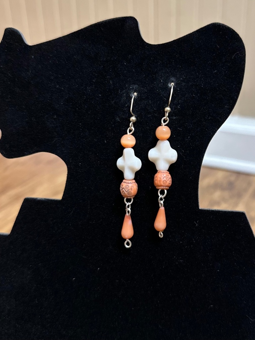 Coral & White Cross-shaped Bead Drop Earrings